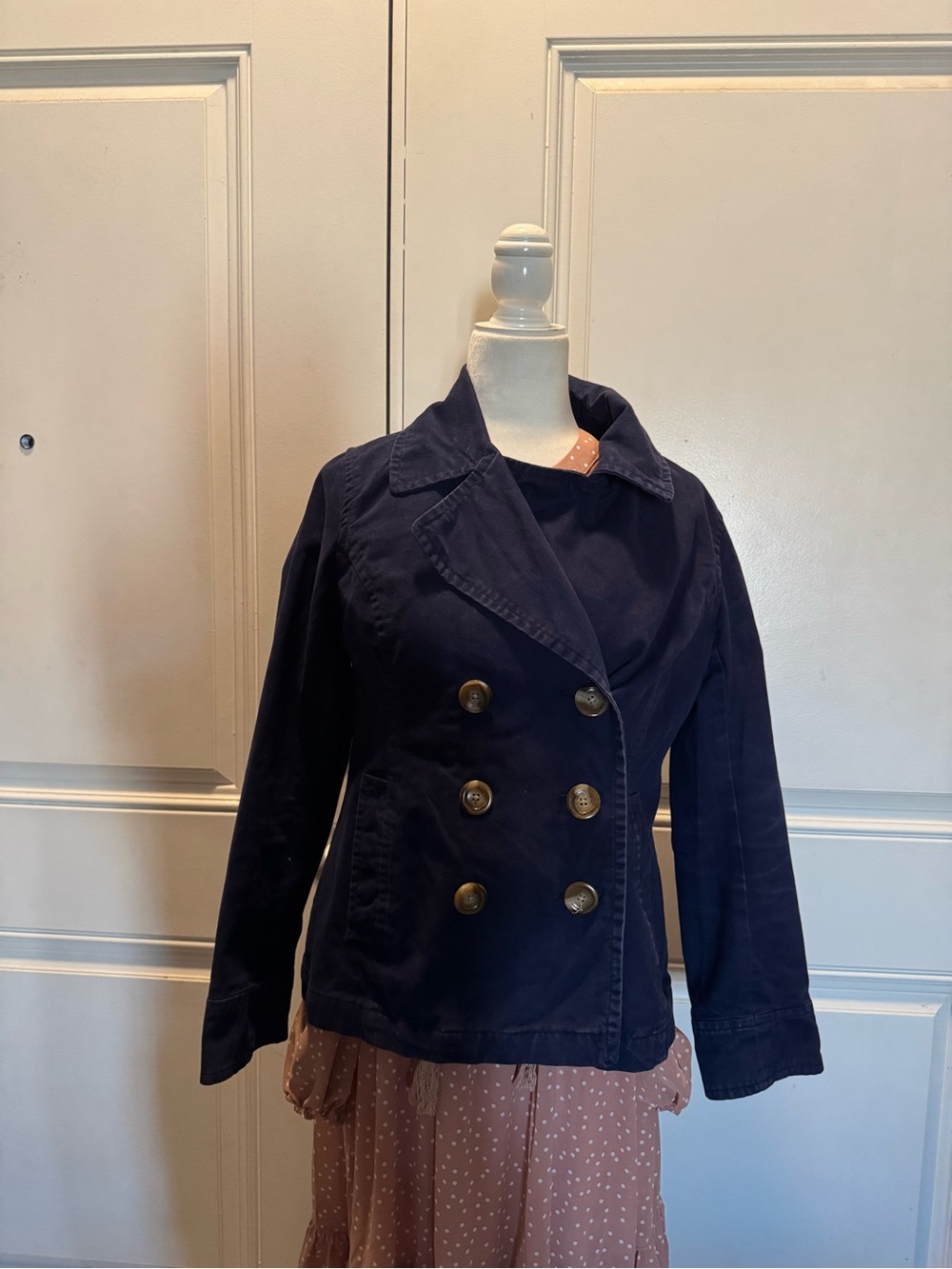 Old Navy Navy Double-Breasted Pea Coat with brown cream Buttons size M